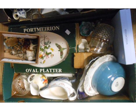 A box containing a quantity of ceramic and glass items including Portmeirion platters, etc.