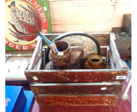 An old wooden Schweppes advertising crate containing a quantity of collectables including dairy thermometer, ceramic jug, etc