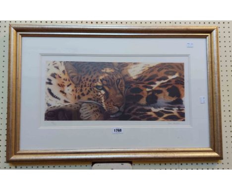 †John Mould: a gilt framed signed limited edition coloured print entitled 'Face to Face, Leopard' - signed in pencil to the m