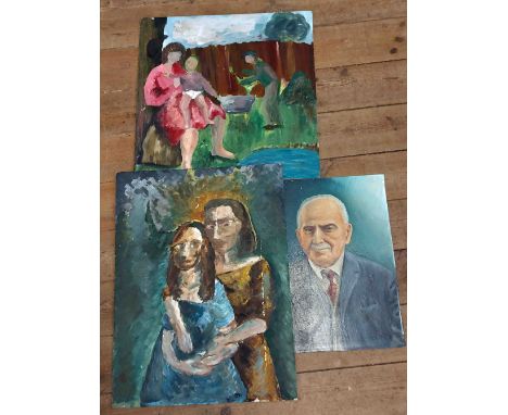 †R. Jones: a unframed oil on board entitled 'Distinguished Gent' - signed and two others depicting stylised figures (unsigned