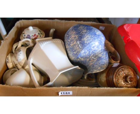 A box containing a quantity of ceramic items including Doulton Lambeth harvest ware tobacco jar, 19th Century sponge decorate