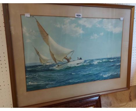 †Montague Dawson: a framed vintage coloured print, depicting racing sailing vessels