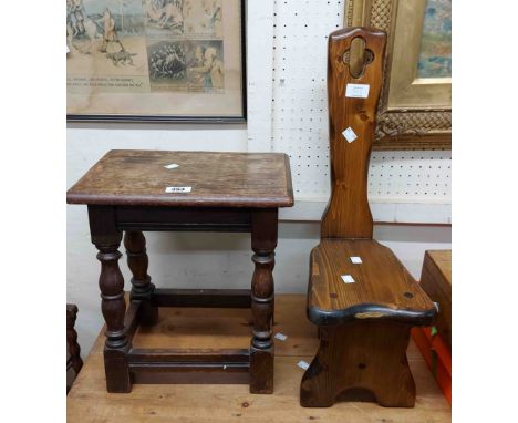 A vintage stained oak joint style stool with turned supports - sold with a modern miniature Welsh style spinning chair