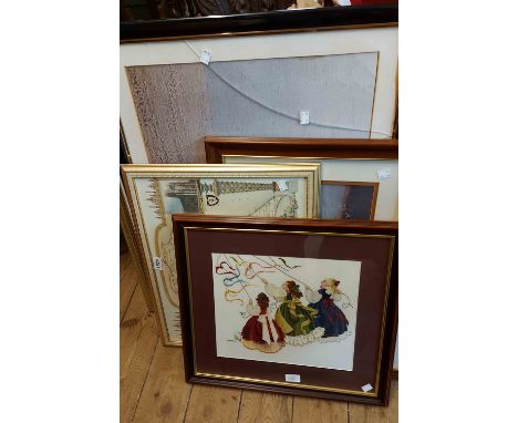 A selection of framed decorative pictures including map reprint of Yorkshire, tapestry panels, etc.