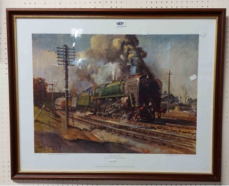 †Terence Cuneo: a framed railway interest coloured print entitled 'Evening Star' - sold with a pair of old oak framed coloure