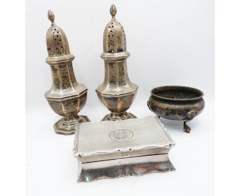 A pair of small silver pepperettes of faceted baluster design - sold with a silver trinket box with engraved initials and a s