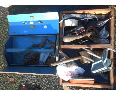 A toolbox and a wooden tray containing a quantity of assorted tools