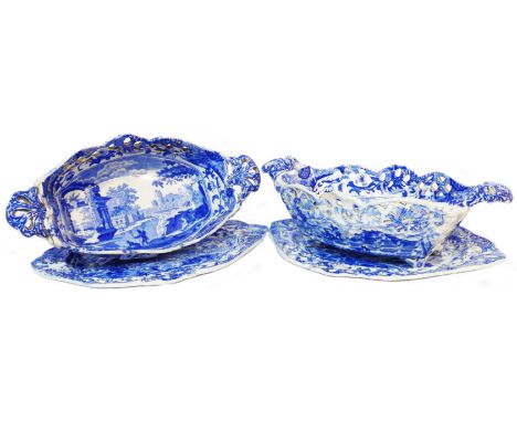 A pair of early 19th Century Spode blue and white transfer printed pottery chestnut baskets and stands decorated in the castl