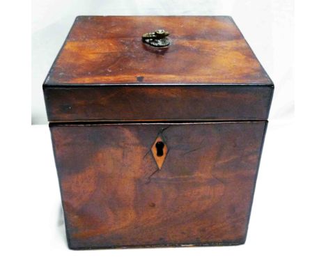 An antique satin mahogany single tea caddy of square lift-top form, with brass ring handle and internal lid