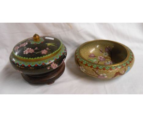 A vintage cloisonne lidded bowl with hard wood stand - sold with a similar bowl
