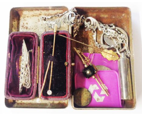 A yellow metal diamond solitaire stick pin and another with pearl to top - sold with other jewellery, etc.