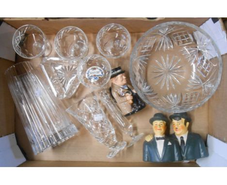 A box containing a quantity of glass and ceramic items including Royal Doulton Churchill character jug, glass vases, bowls, e