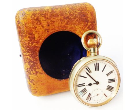 A vintage silver plated cased Goliath pocket watch with seconds dial, contained within a perished leather traveling case