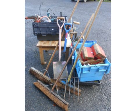 A large quantity of assorted garden and other tools including a crate of fixings, petrol cans, etc. - sold with a small tea t