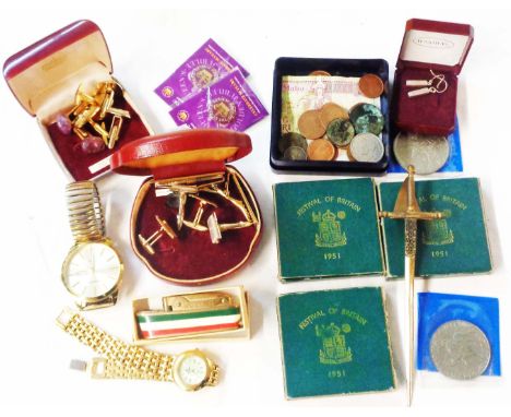 A box containing assorted cufflinks, tie pins, two modern wristwatches, also boxed 1951 Festival of Britain medallions and a 