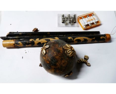 Two vintage tin penny whistles - sold with another, two pitch pipes and a cowrie decorated gourd
