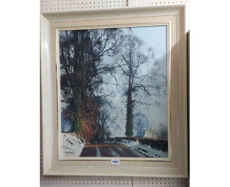 W.R. Jennings: a vintage painted and hessian framed oil on canvas entitled 'Winter Lane' - signed - 60cm X 49cm