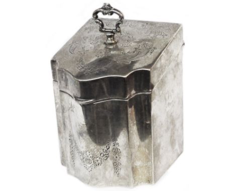 A silver novelty tea caddy in the form of classic Georgian serpentine front knife box with cast swing handle to the slope-top