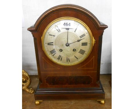 An Edwardian mahogany, walnut and strung cased mantel clock with silvered dial and 'gold medal' S. Marti eight day gong strik