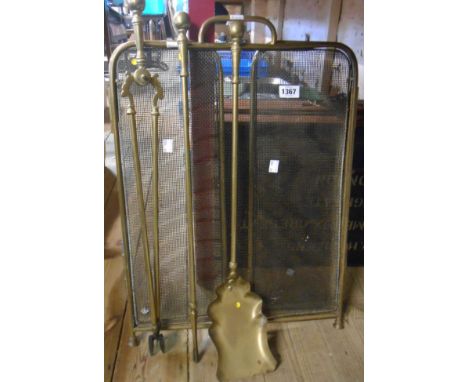 A set of brass fire irons - sold with brass and mesh folding fire screen