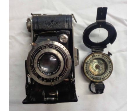An old Agfa bellows camera - sold with a 1944 WWII field compass (a/f)