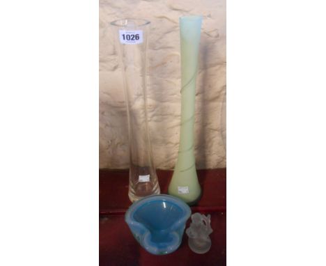 A tall green glass vase with frosted finish and trail decoration, a tall clear glass vase and a Murano glass ashtray - sold w