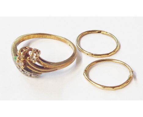 A vintage 375 (9ct.) cross-over ring, set with diamond chips - size I 1/2 - sold with a pair of tiny hoop earrings