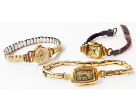 Three vintage 750 (18ct.) gold cased ladies' wristwatches including one with 375 expanding bracelet - all not running