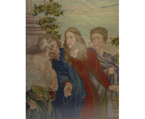 VICTORIAN PICTORIAL NEEDLEWORK TAPESTRY,  Christ with two disciples,  inscribed 'Mary Ann Morris's Work aged 14, A.D. 1879' 3