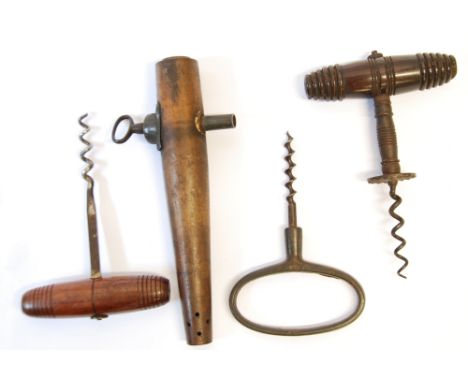 A 19TH CENTURY HENSHALL TYPE STEEL CORKSCREW THE TURNED DARK STAINED HARDWOOD HANDLE LACKING BRUSH, 5 3/4" (14.5cm) long over