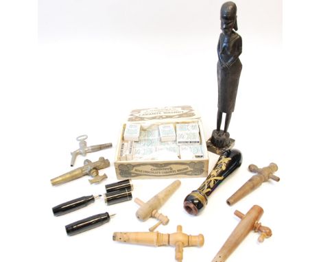 A SELECTION OF PIPE SMOKING REQUISITES, A PUBLIC HOUSE BAR PUMP HANDLE, two 'Jumbo Pen' FOUNTAIN PENS, an African carved wood