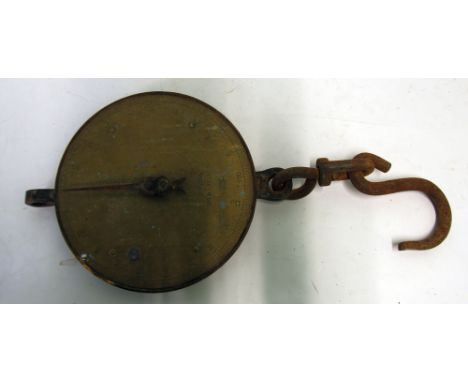SALTERS No. 20T TRADE SPRING BALANCE, with 9" (23cm) diameter, circular brass face calibrated to weight 200lb with suspension