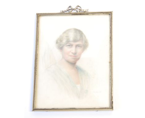 F.W SCHMIDT OF MANCHESTER, PORTRAIT MINIATURE ON IVORY, rectangular, Mrs Alfred Gaddum, signed, in white metal frame, 4 1/2" 