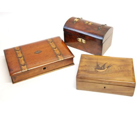 VICTORIAN MAHOGANY SHALLOW WRITING BOX OF LOOK FORM with tonbridge chevron pattern bands to the hinged lid, interior with sma