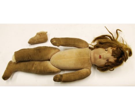 CHAD VALLEY - HYGIENIC TOYS LARGE FELT FABRIC GIRL DOLL, with printed metal makers button to body and having articulated head