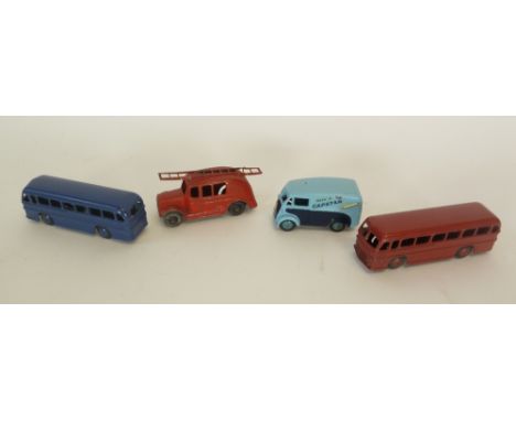 FOUR UNBOXED CIRCA 1940s DINKY DIECAST TOY VEHICLES, includes Morris 10 cwt van 'Have a Capstan', two tone blue, some restora