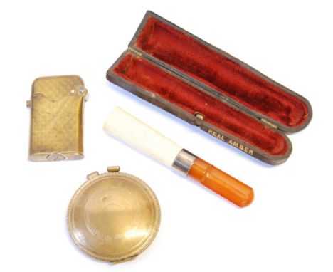 A STERLING SILVER BANDED MEERSCHAUM  CHEROOT HOLDER with amber mouth piece, and two inter-war years 'Parker Compact' lady's C