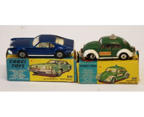 CORGI TOYS ALMOST MINT BOXED OLDS MOBILE TORANDO metallic blue No 264, box fair and CORGI TOYS BOXED VOLKSWAGEN EUROPEAN POLI