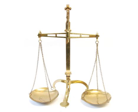 GOOD PAIR OF DOYLE & SON, BOROUGH LONDON LACQUERED BRASS BEAM SCALES on tripod base with 'C' scroll legs one with balance res