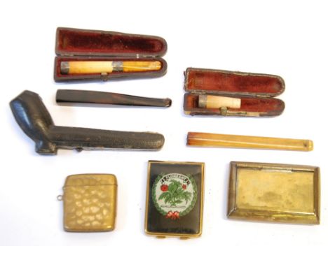 SMALL PIPE OR CHEROOT HOLDER with plain mechanism bowl and amber stem in fitted case TWO CIGARETTE HOLDERS with probably silv