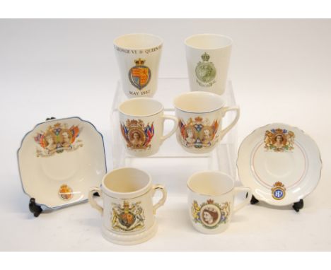 EIGHT PIECES OF EDWARD VII AND LATER ROYAL COMMEMORATIVE CERAMIC DRINKING WARES, COMPRISING; Royal Doulton BEAKER, 1902, Adam