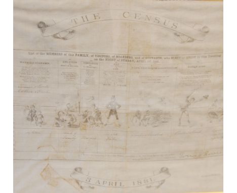 VICTORIAN SATIRICAL PRINTED COTTON HANDKERCHIEF 'THE CENSUS - lists of the members of this family of Visitors of Boarders of 