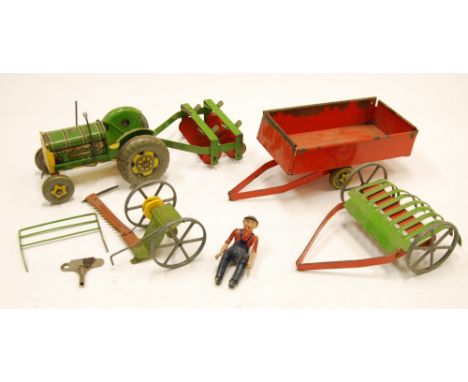 METTOY TINPLATE FARMING EQUIPMENT, to include SPRING DRIVEN TRACTOR (lacks steering wheel seat) and farmer figure, TWO WHEEL 