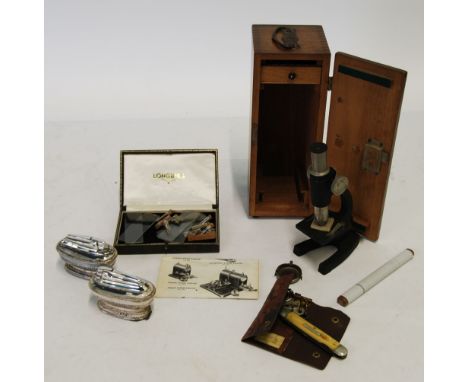 S.E.L STUDENTS MICROSCOPE AND ACCESSORIES IN MAHOGANY CASE, box containing RELATED SLIDES AND SAMPLES, A BONE HANDLED CLASP K