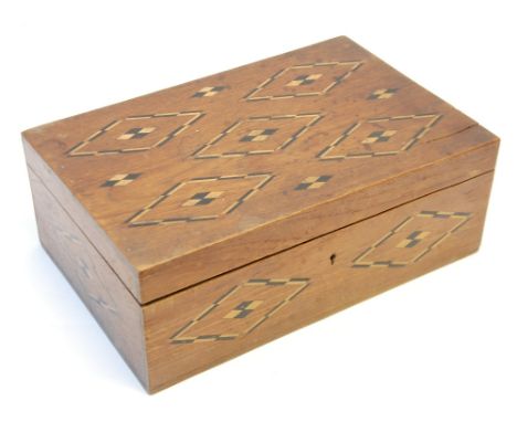 PARQUETRY INLAID OAK WORK BOX with lift out tray fitted with lidded compartments and pin cushion, 12" wide