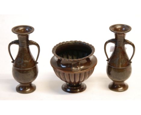 PAIR OF ORIENTAL BRASS VASES, engraved decoration and twin loop handles, 6" (15.3cm) high, AND A PATINATED METAL 'FOUDROYANT'