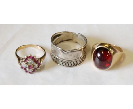 RED PASTE CABOCHON SET 9CT GOLD SIGNET RING, London 1968, 5.5g, RUBY AND DIAMOND CLUSTER RING (two rubies missing), Birmingha