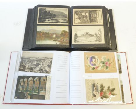 A MODERN ALBUM OF APPROX 196 TOPOGRAPHICAL BLACK AND WHITE AND TINTED PHOTOGRAPHIC, PORTRAIT AND PICTORIAL POSTCARDS, and  AN