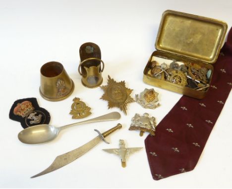 EIGHT VARIOUS MILITARY CAP BADGES contained in a PRINCESS MARY'S GIFT TIN 1914 together with selection of OTHER MILITARY BADG