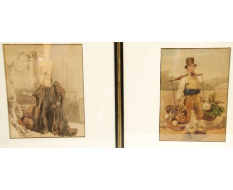 SET OF SIX 19th CENTURY HAND COLOURED PRINTS, mainly of street vendors, titled and dated 1805 in pencil together with THREE S